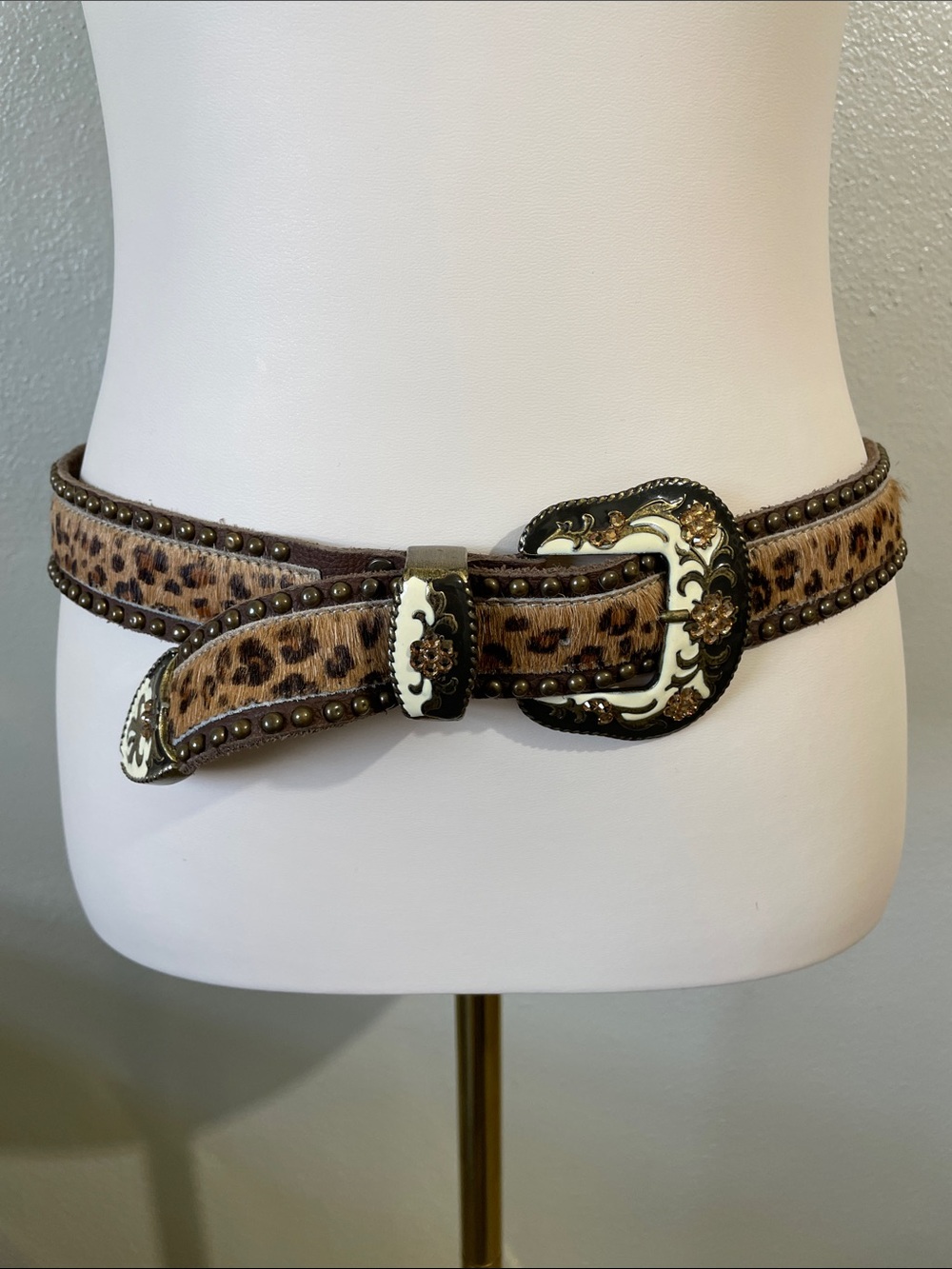 Leatherock Leopard Studded Belt Leather Enameled Buckle Brown Western S/32 Boho